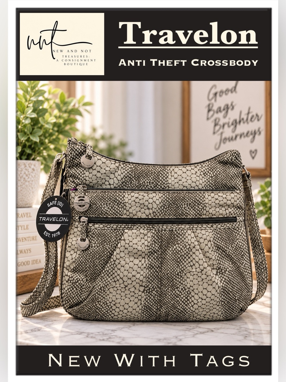 Travelon Anti-Theft Crossbody Bag NWT Snake Print Safe ID Travel Purse